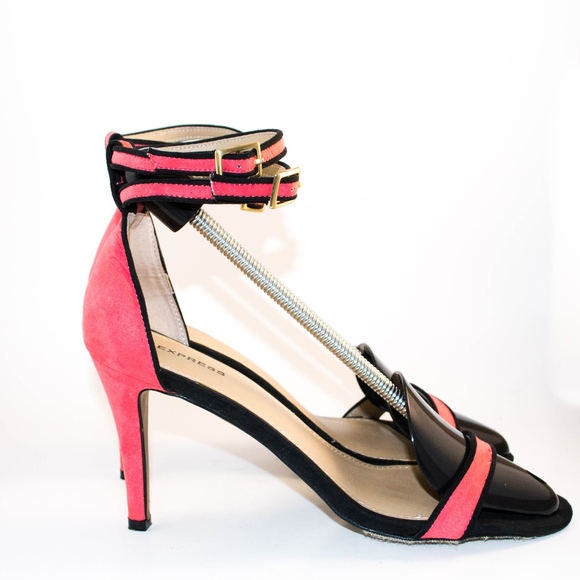 Express Shoes Express Pink And Black Ankle Strap Heels Poshmark